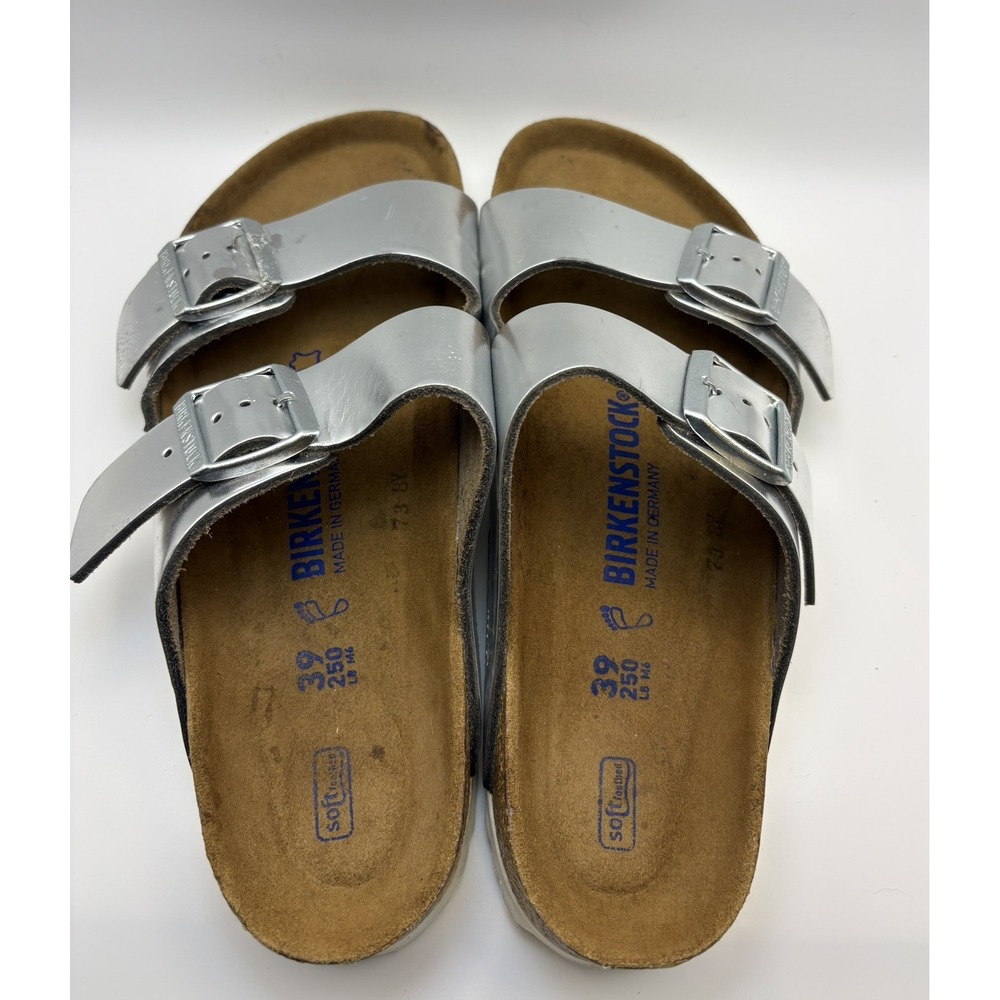 Birkenstock Arizona Metallic Silver Soft Footbed Sandals EU 39 L8 M6 Regular - Picture 3 of 9